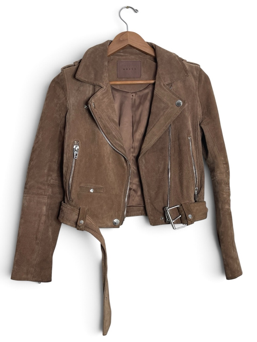 Blank NYC Taupe Brown Leather Suede Moto Jacket Bikercore Cropped Zip Buckle XS - Picture 7 of 10